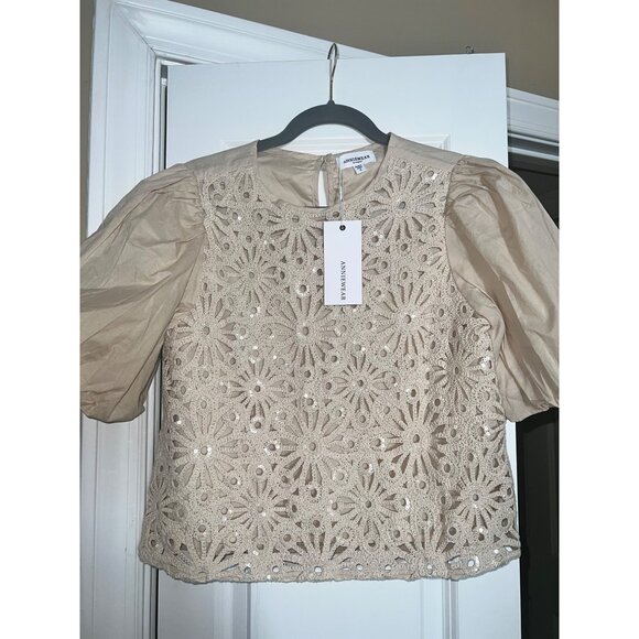 Anniewear Beige Puff Sleeve Crochet Overlay Top With Sequins Womens S - Picture 6 of 7